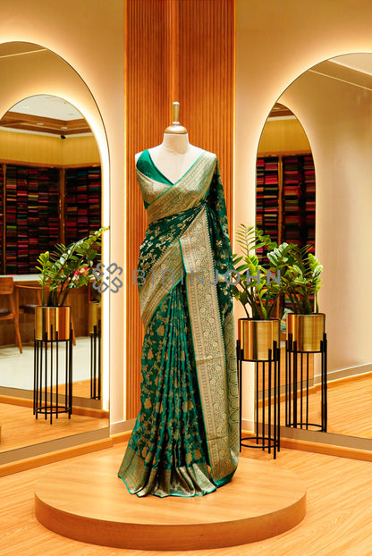 Satin Brocade Saree For Women Deep Emerald Green 