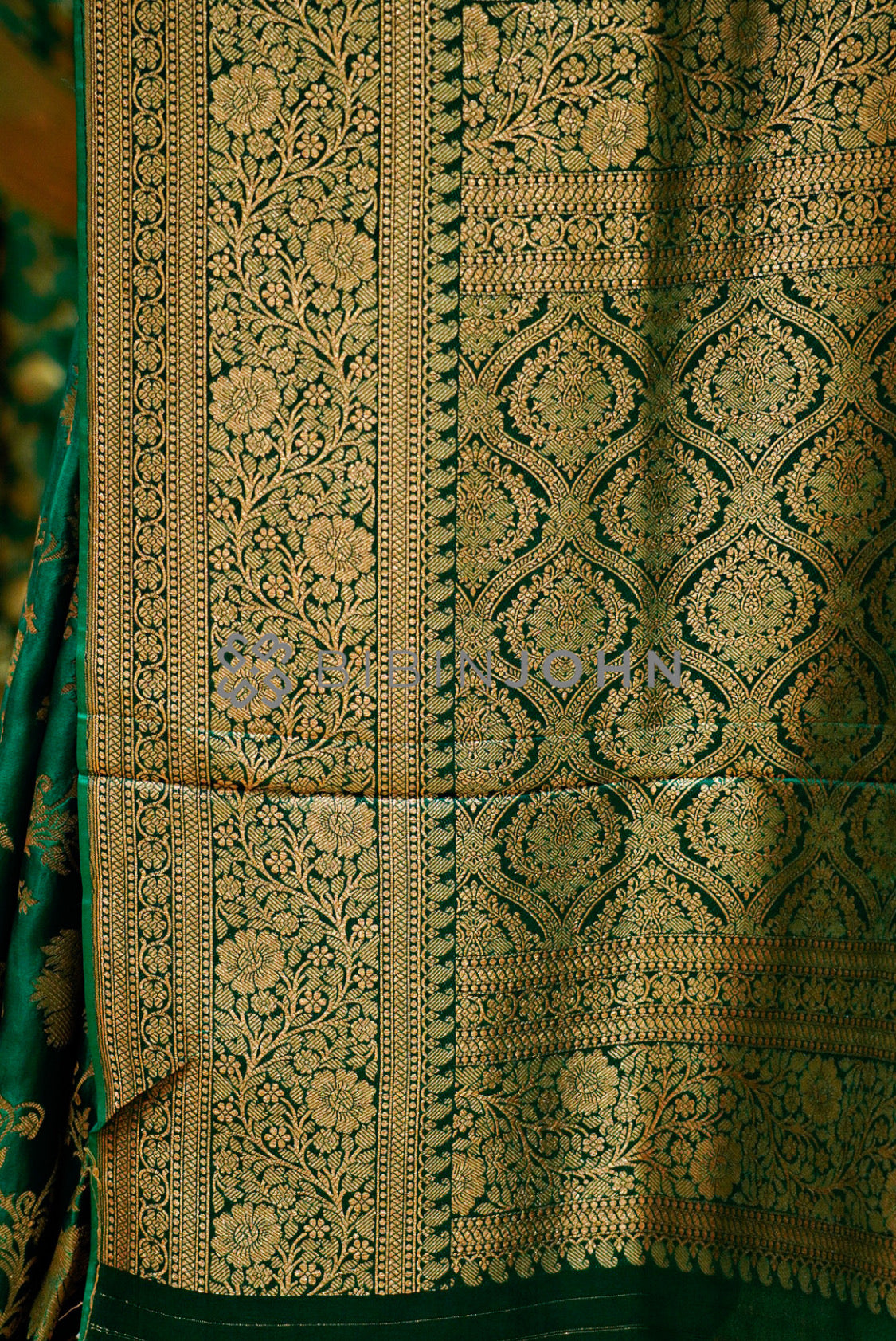 Satin Brocade Saree For Women Deep Emerald Green pallu