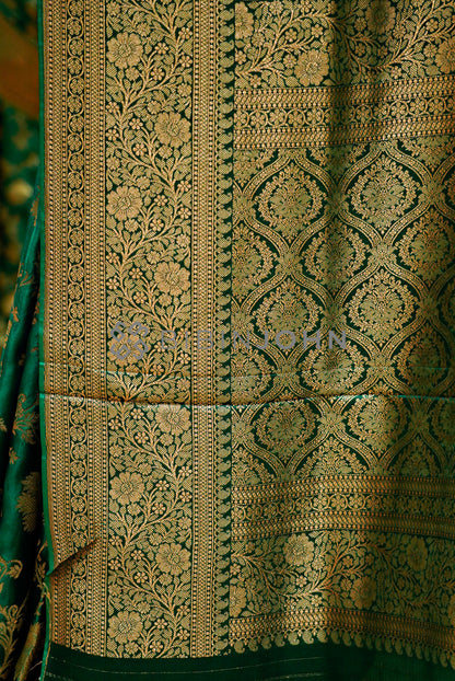 Satin Brocade Saree For Women Deep Emerald Green pallu
