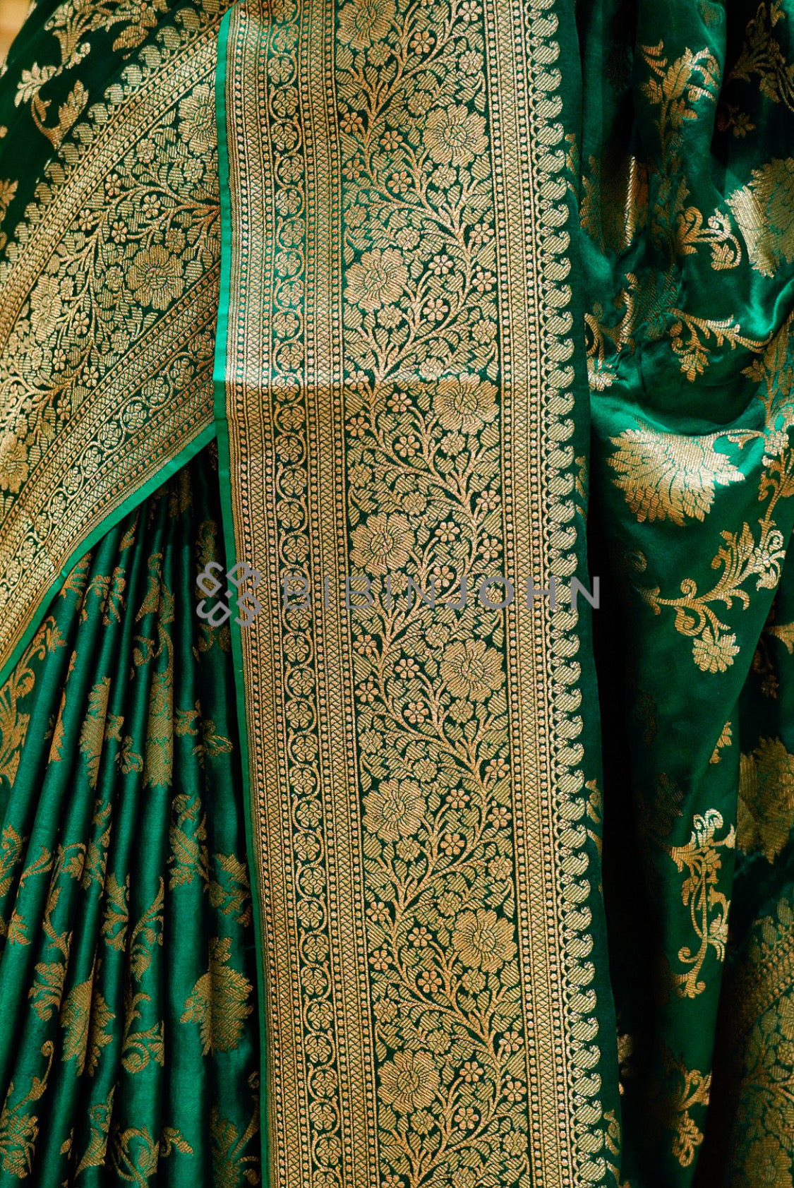 Satin Brocade Saree For Women Deep Emerald Green side view
