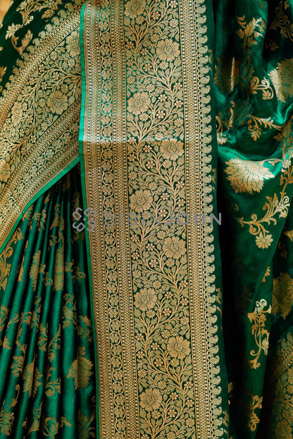 Satin Brocade Saree For Women Deep Emerald Green side view