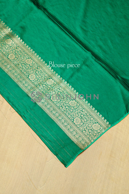 Satin Brocade Saree For Women Deep Emerald Green blouse piece