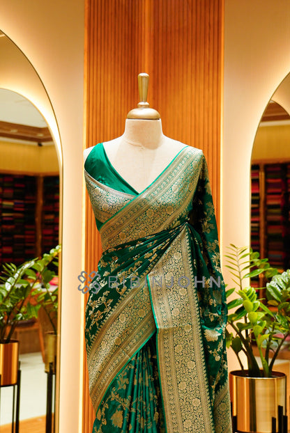 Satin Brocade Saree For Women Deep Emerald Green close view