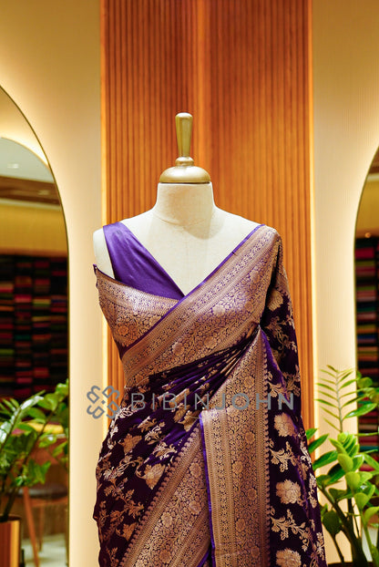 Satin Brocade Saree For Women Rich Deep Purple CLOSE VIEW