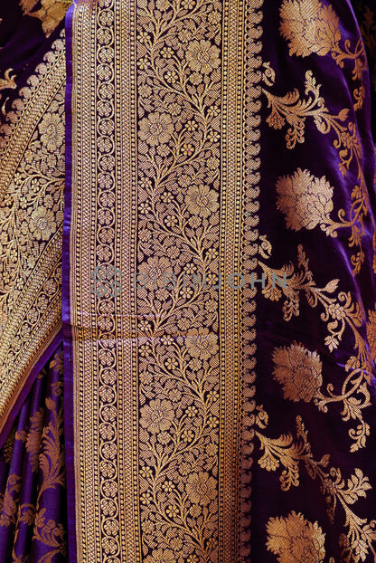 Satin Brocade Saree For Women Rich Deep Purple SIDE VIEW
