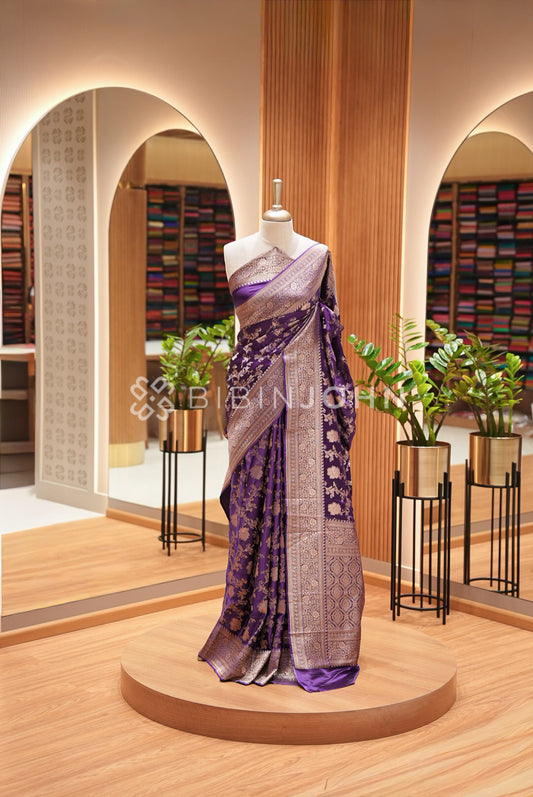 Satin Brocade Saree For Women Rich Deep Purple