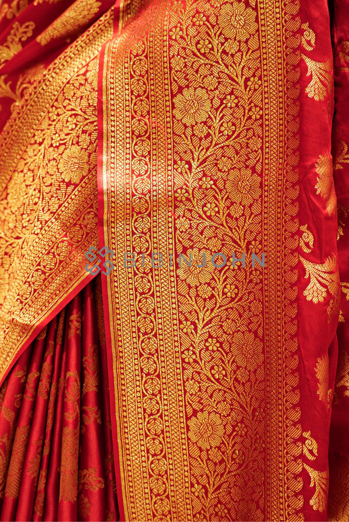 Satin Brocade Saree For Women Deep Ruby Red SIDE VIEW