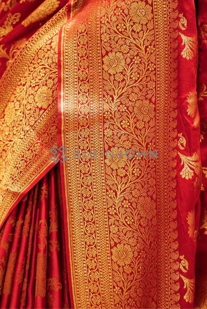 Satin Brocade Saree For Women Deep Ruby Red SIDE VIEW