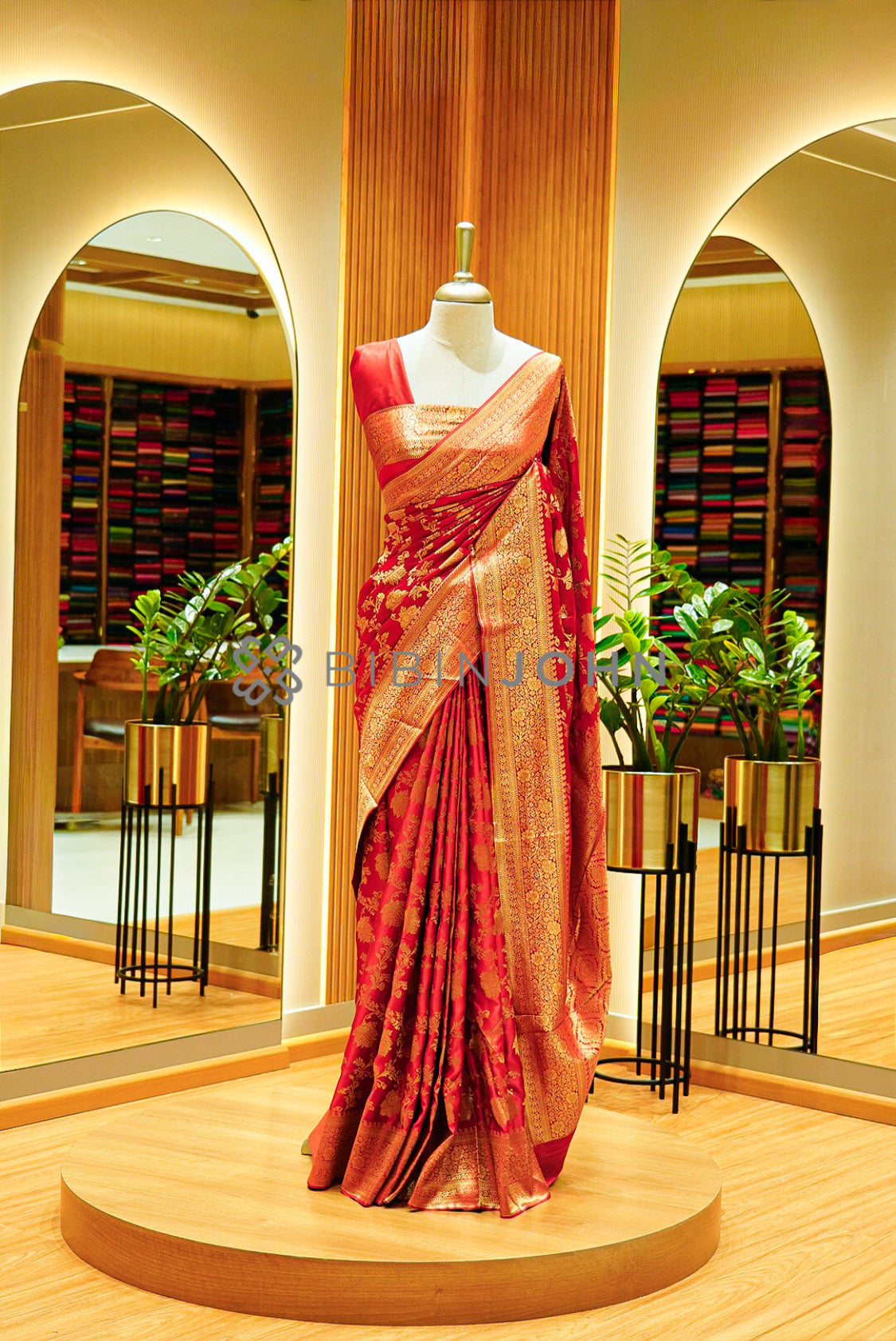 Satin Brocade Saree For Women Deep Ruby Red