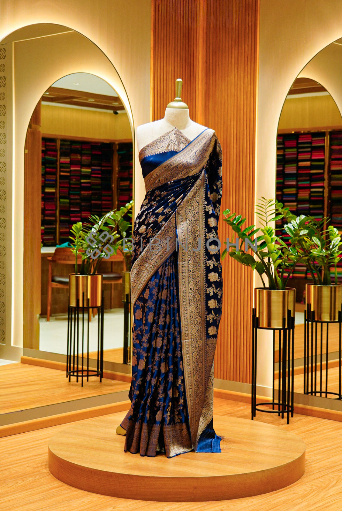 Satin Brocade Saree For Women Deep Navy Blue