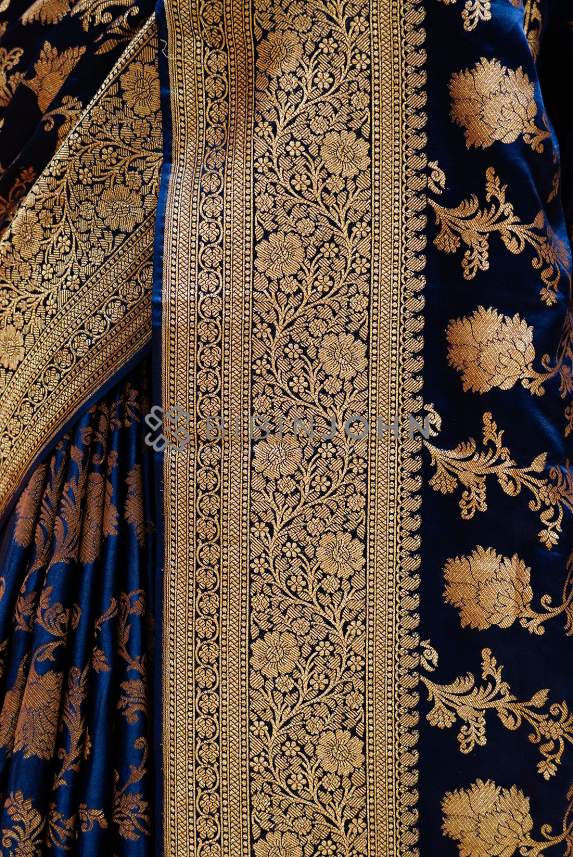 Satin Brocade Saree For Women Deep Navy Blue SIDE VIEW