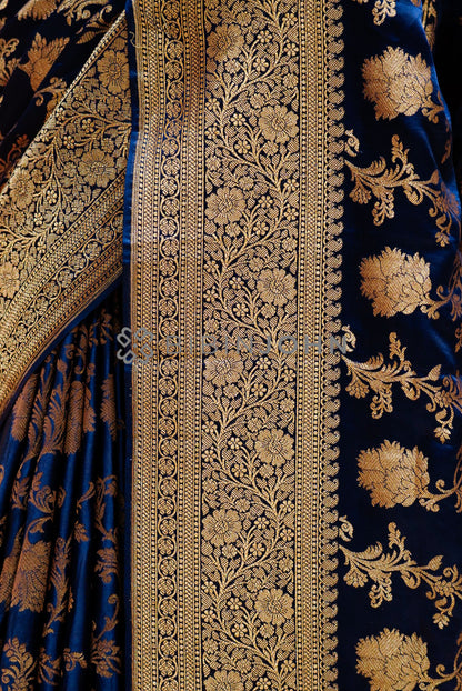 Satin Brocade Saree For Women Deep Navy Blue SIDE VIEW