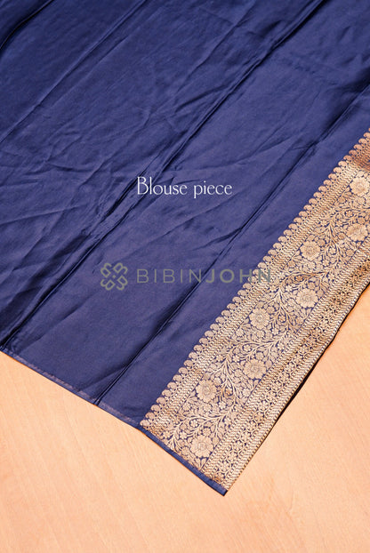Satin Brocade Saree For Women Deep Navy Blue BLOUSE PIECE