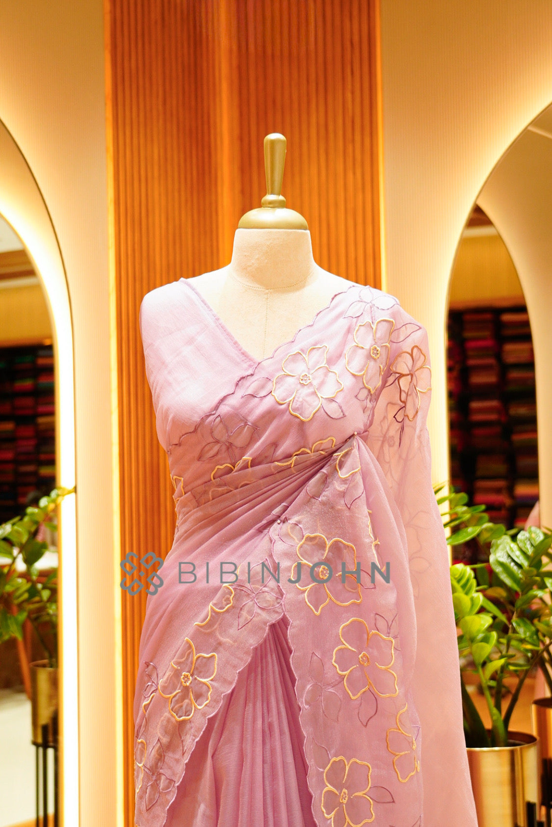 Tissue Organza Applique Saree For Women Dusty Rose Pink CLOSE VIEW