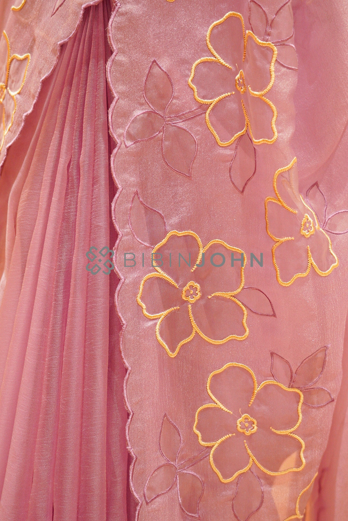 Tissue Organza Applique Saree For Women Dusty Rose Pink SIDE VIEW