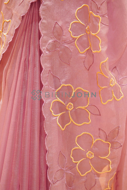Tissue Organza Applique Saree For Women Dusty Rose Pink SIDE VIEW
