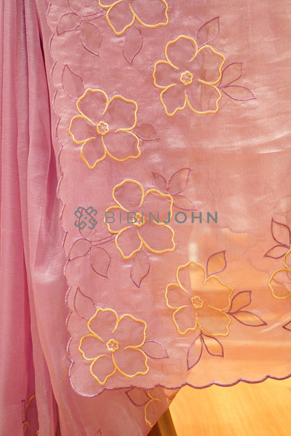 Tissue Organza Applique Saree For Women Dusty Rose Pink PALLU