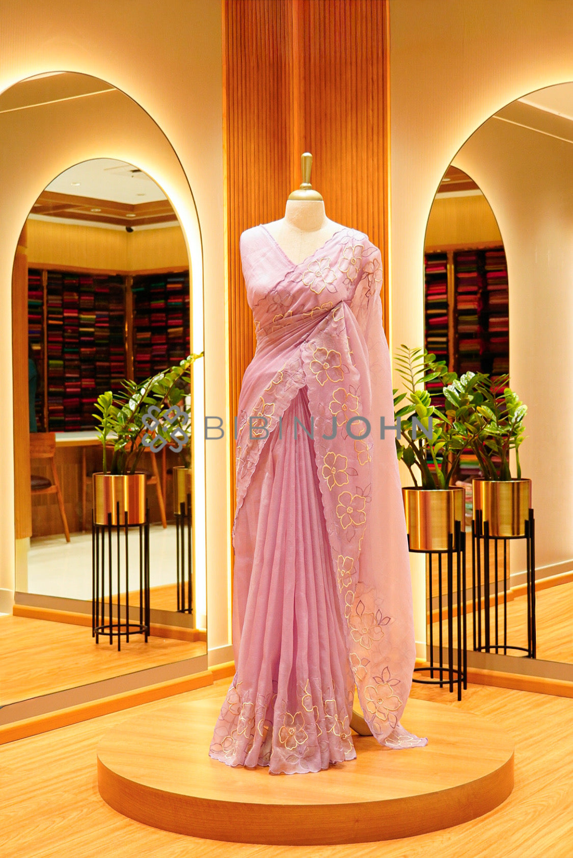 Tissue Organza Applique Saree For Women Dusty Rose Pink