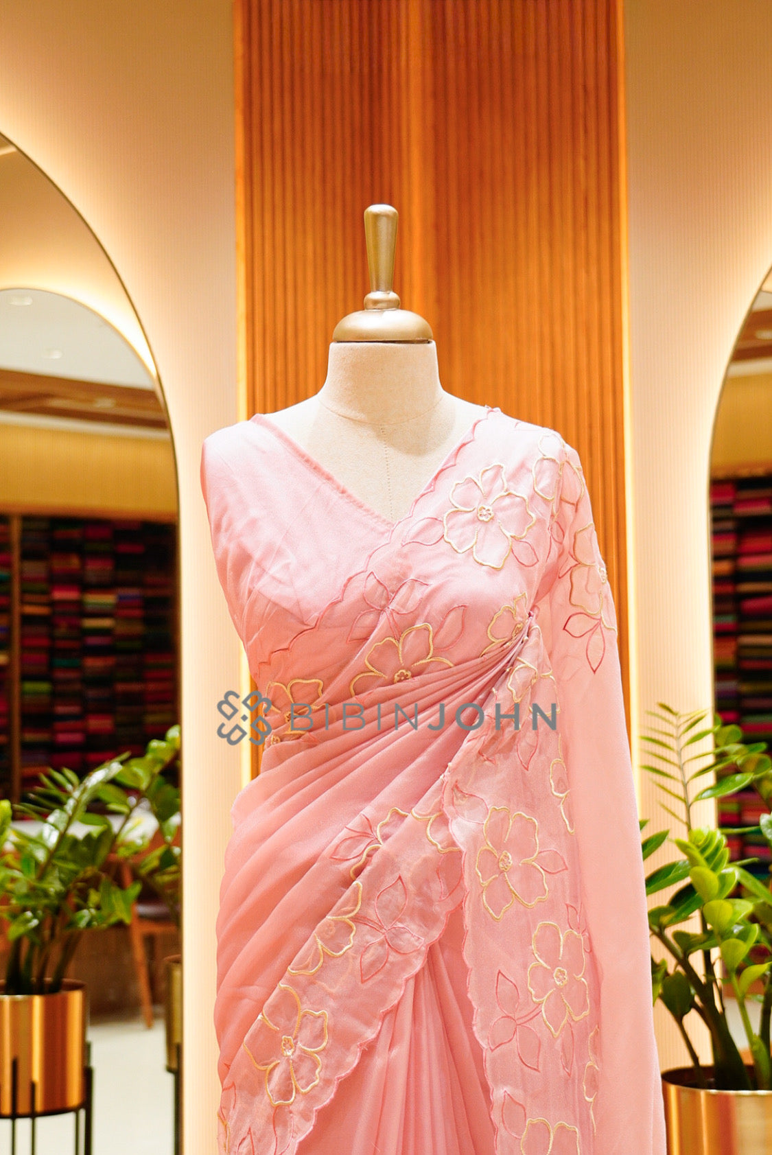 Tissue Organza Embroidery Saree For Women Blush Peach-Pink CLOSE VIEW