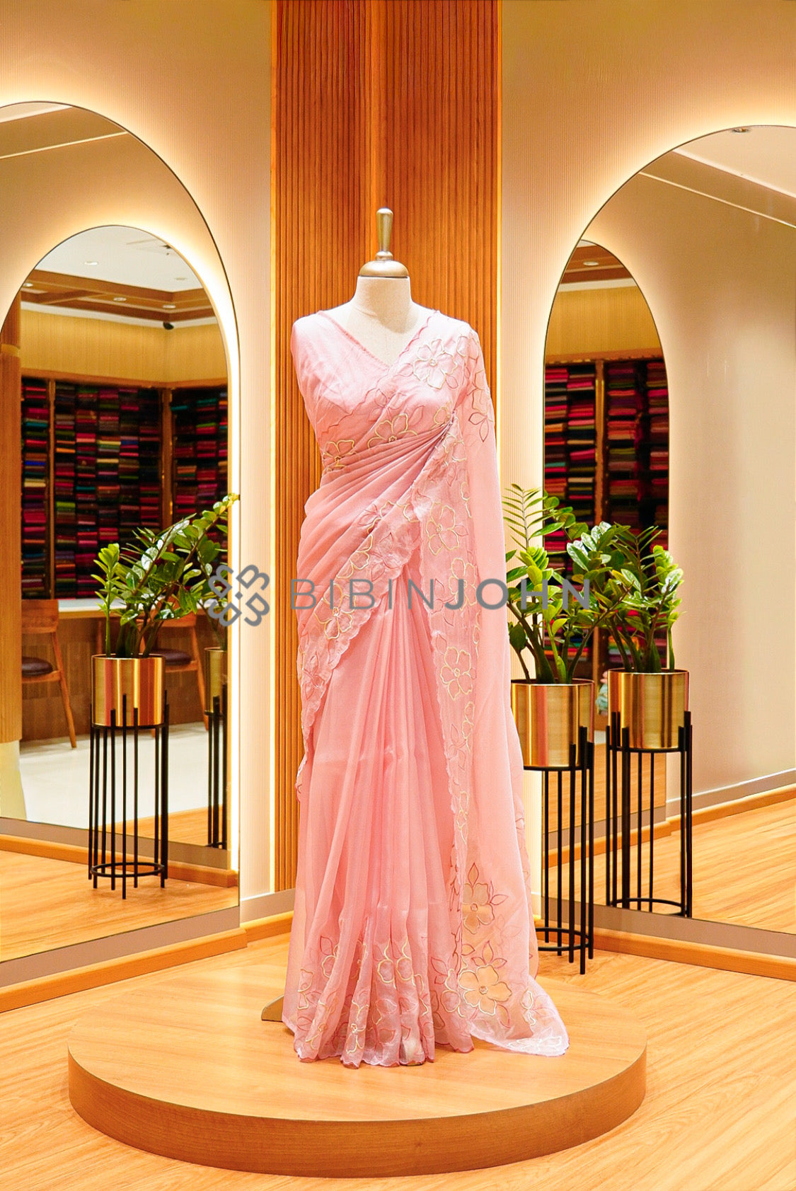 Tissue Organza Embroidery Saree For Women Blush Peach-Pink