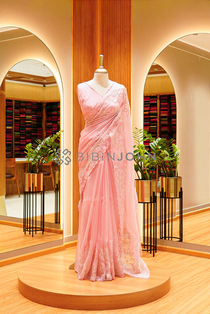 Tissue Organza Embroidery Saree For Women Blush Peach-Pink