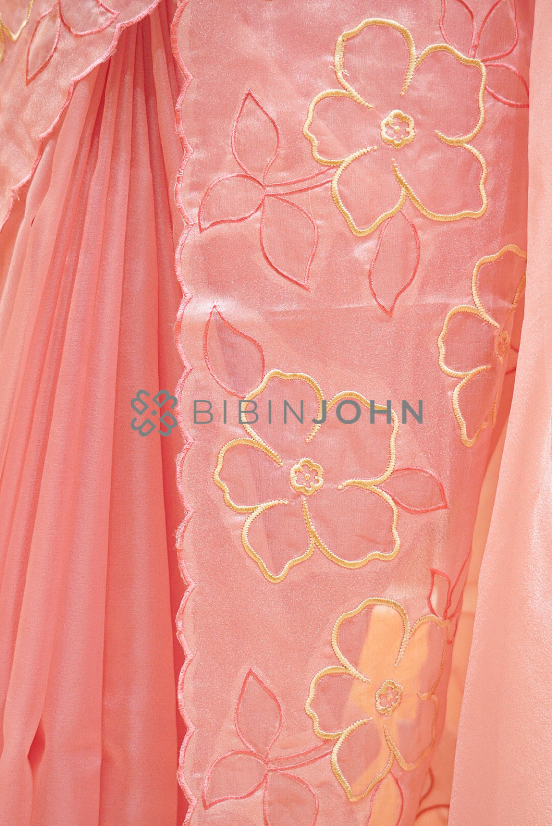 Tissue Organza Embroidery Saree For Women Blush Peach-Pink SIDE VIEW