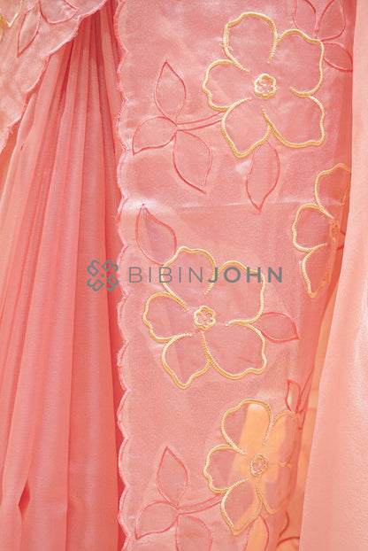 Tissue Organza Embroidery Saree For Women Blush Peach-Pink SIDE VIEW