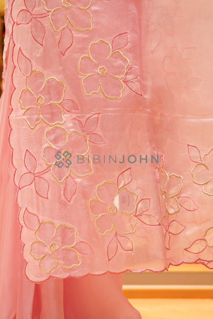 Tissue Organza Embroidery Saree For Women Blush Peach-Pink PALLU