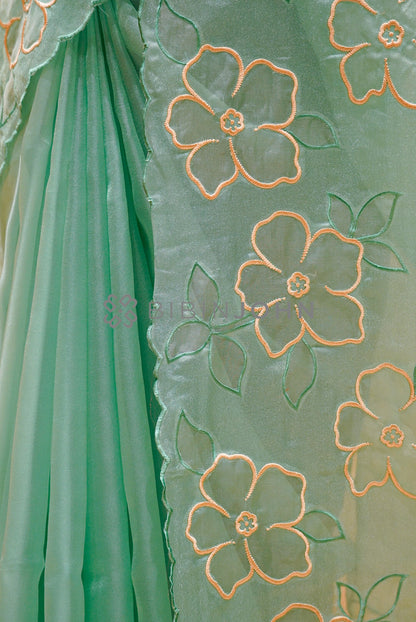 Tissue Organza Embroidery Saree For Women Mint Green SIDE VIEW