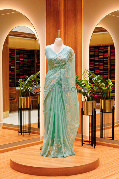 Tissue Organza Embroidery Saree For Women Mint Green