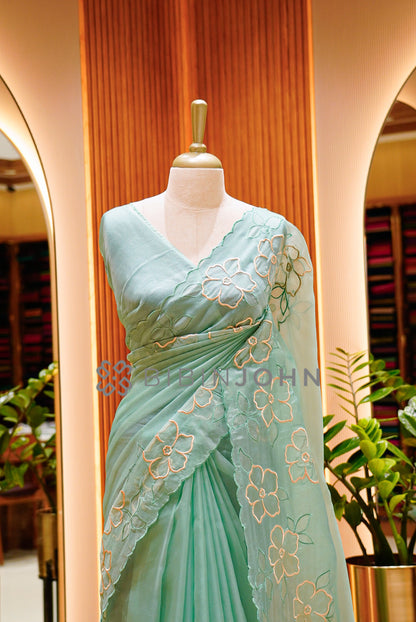 Tissue Organza Embroidery Saree For Women Mint Green CLOSE VIEW