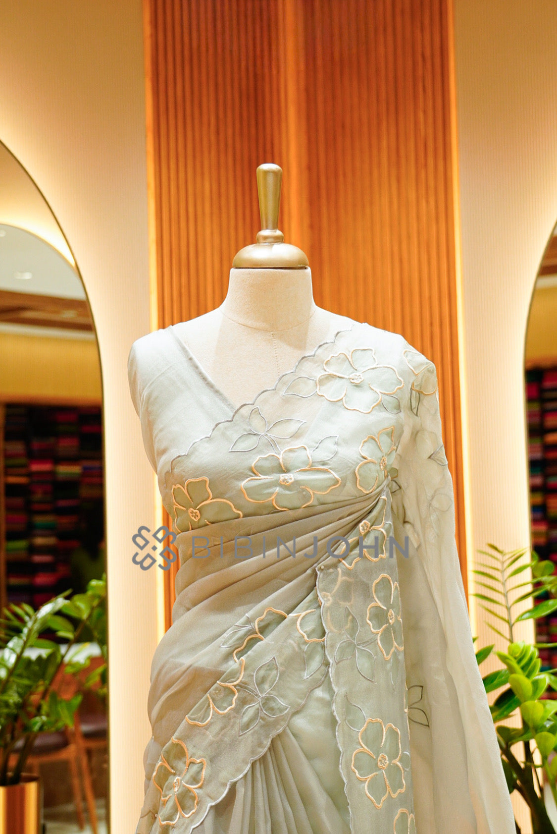 Tissue Organza Embroidery Saree For Women Soft Sage Grey  CLOSE VIEW