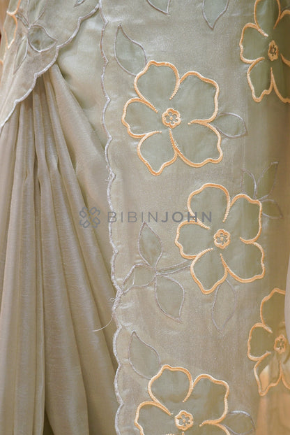 Tissue Organza Embroidery Saree For Women Soft Sage Grey  SIDE VIEW