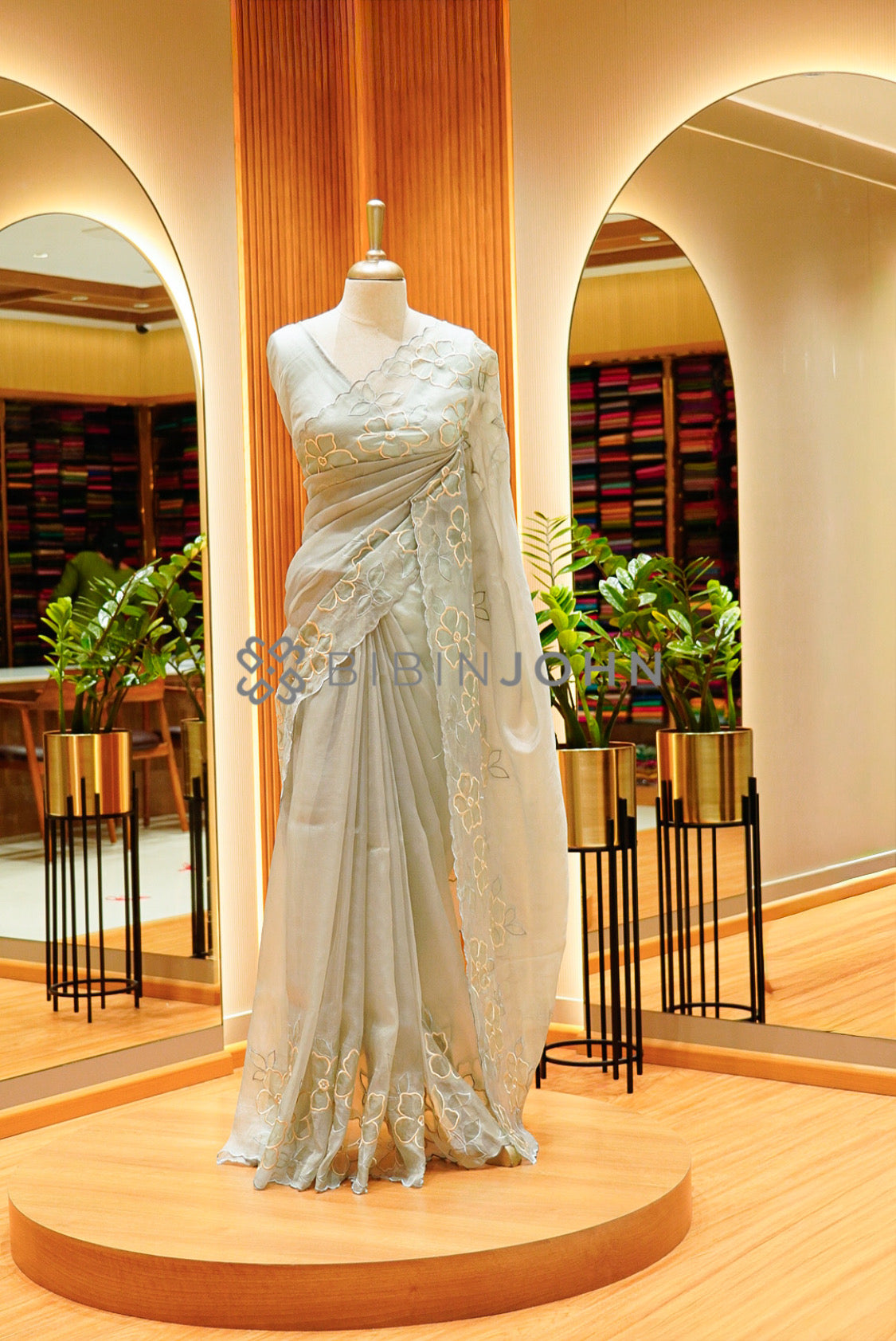 Tissue Organza Embroidery Saree For Women Soft Sage Grey 