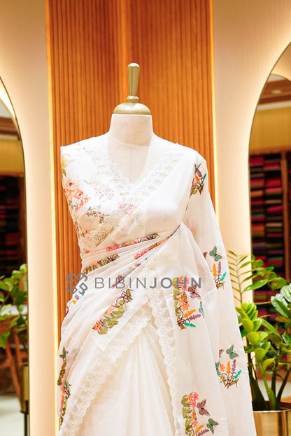 Cotta Embroidery Saree For Women Ivory CLOSE VIEW