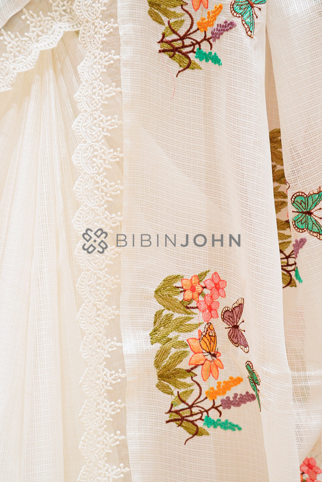 Cotta Embroidery Saree For Women Ivory SIDE VIEW