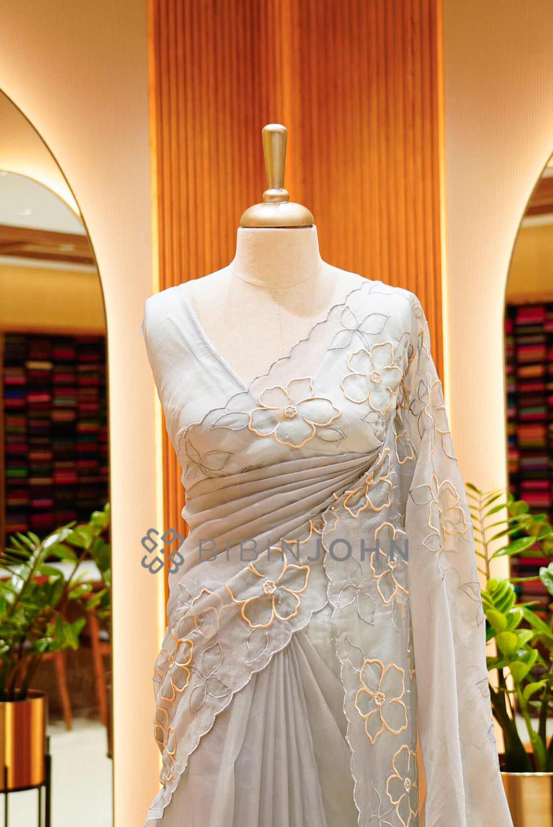 Tissue Organza Applique Saree For Women Silver Grey  CLOSE VIEW