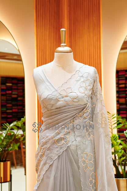 Tissue Organza Applique Saree For Women Silver Grey  CLOSE VIEW