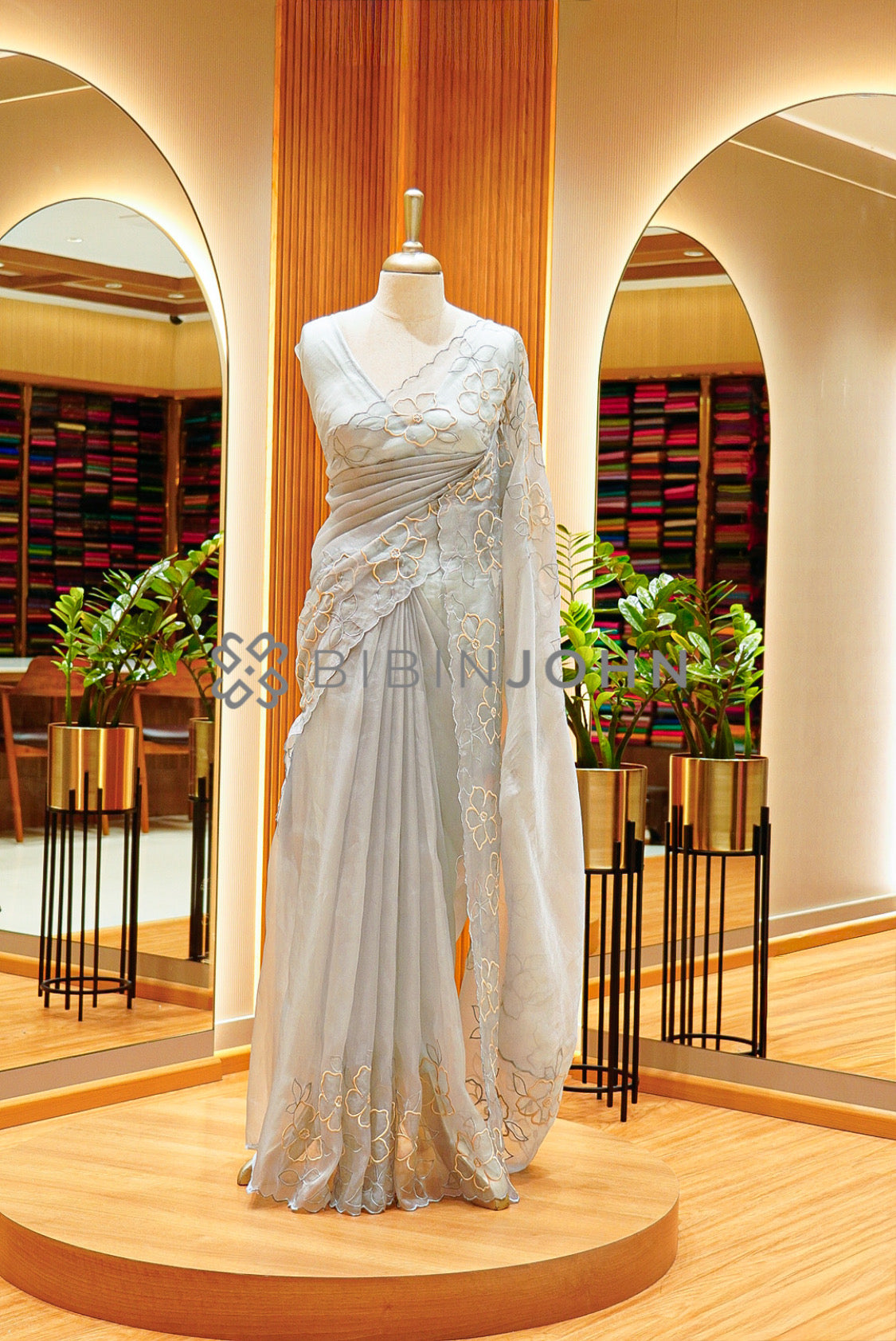 Tissue Organza Applique Saree For Women Silver Grey 