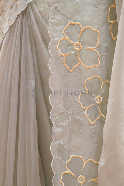 Tissue Organza Applique Saree For Women Silver Grey  SIDE VIEW