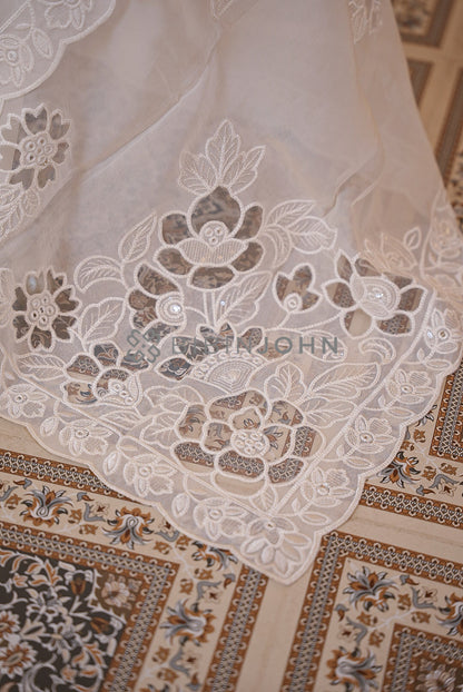 Organza Embroidery Dupatta For Women Ivory-White side view