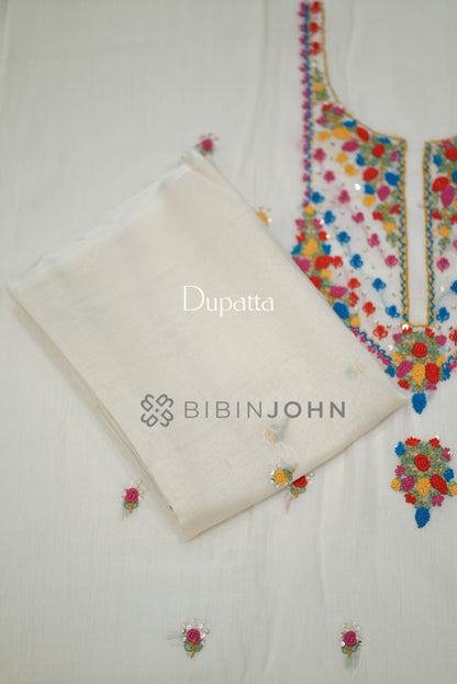 Chanderi Embroidery Unstitched Salwar Suit Material Ivory  DUPATTA