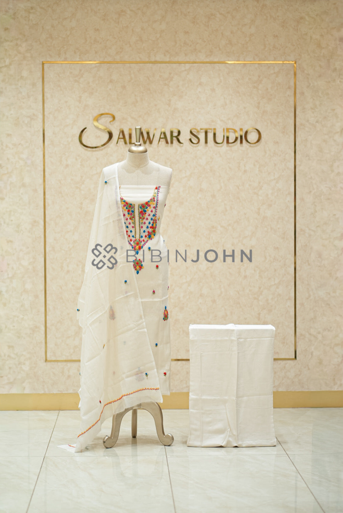 Chanderi Embroidery Unstitched Salwar Suit Material Ivory 