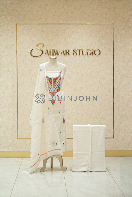 Chanderi Embroidery Unstitched Salwar Suit Material Ivory 