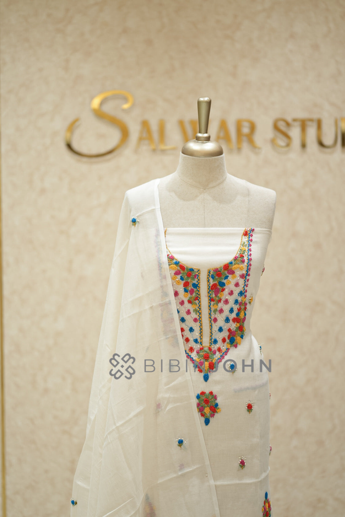 Chanderi Embroidery Unstitched Salwar Suit Material Ivory  CLOSE VIEW