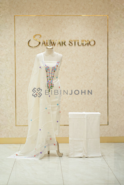 Chanderi Embroidery Unstitched Salwar Suit Material Ivory 