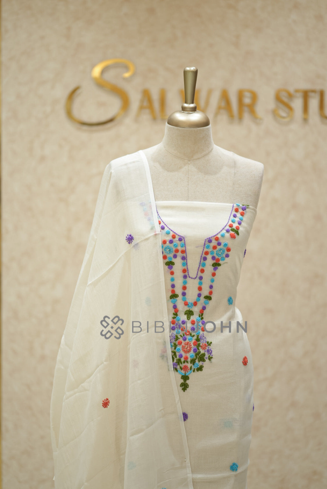 Chanderi Embroidery Unstitched Salwar Suit Material Ivory  CLOSE VIEW