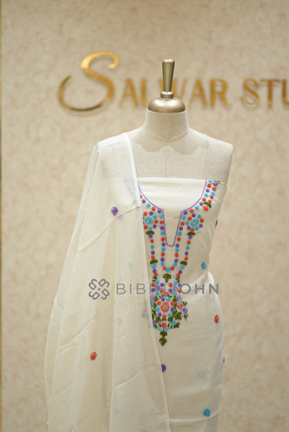 Chanderi Embroidery Unstitched Salwar Suit Material Ivory  CLOSE VIEW