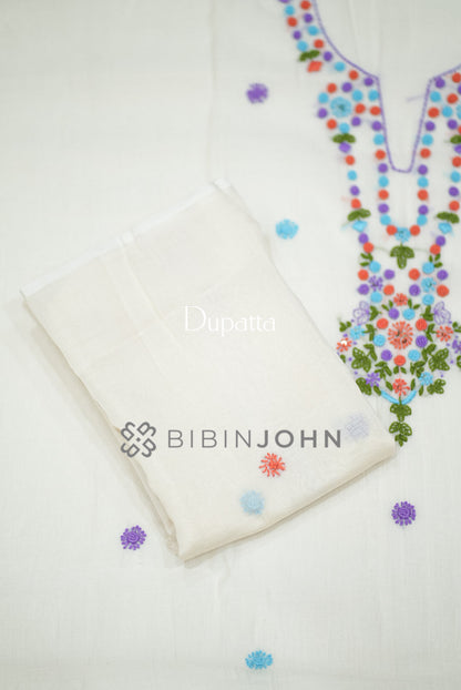 Chanderi Embroidery Unstitched Salwar Suit Material Ivory  DUPATTA