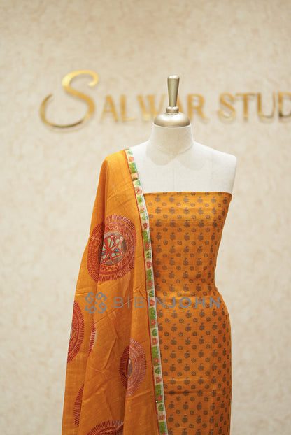 Chanderi Embroidery Unstitched Salwar Suit Material Mustard Orange CLOSE VIEW